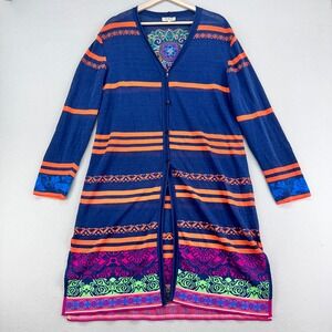 IVKO Linen Mandala Duster Cardigan Sweater Womens 44 XXL Long Blue Embroidered